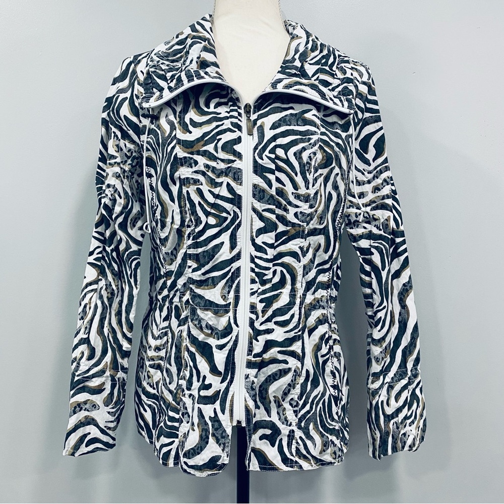 CHICO’S M Zebra Striped Animal Print Funnel Neck Full Zip Windbreaker Jacket 1